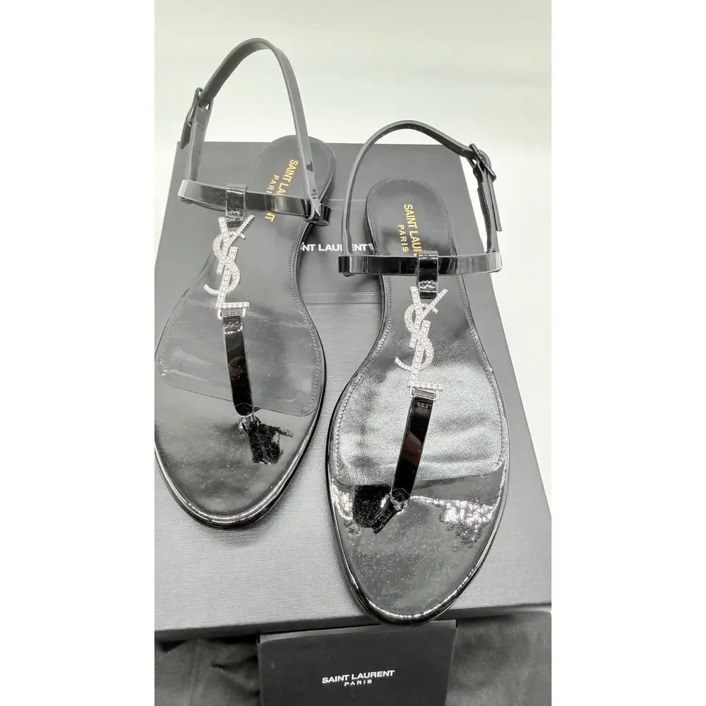 Saint Laurent Cassandra YSL Crystal Logo Sandals SZ: 37